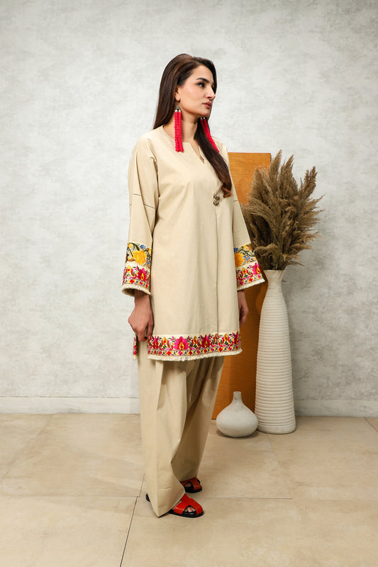 Pure Karandi Shalwar Kameez Beige Tan