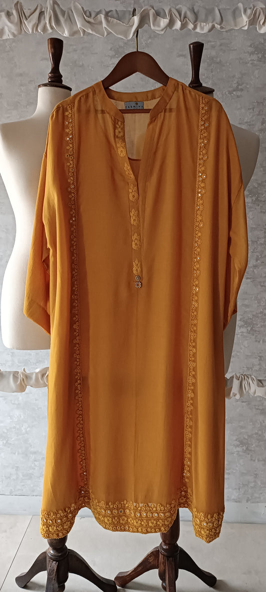 Summer Edit  - Dhaka Malmal Kurta with Embroidery (Saffron Yellow)