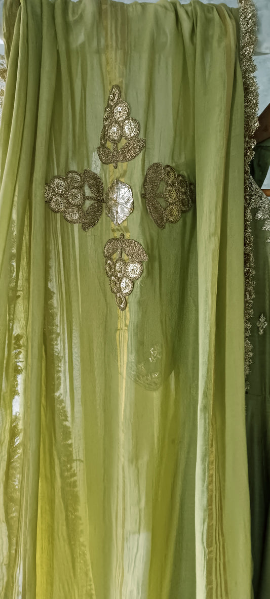 Dholki Edit - Pure Ketan Silk Peshwaaz - Fresh Olive Green