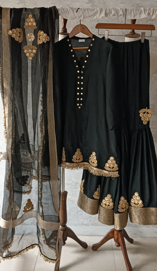 Dholki Edit - Pure Maple Raw Silk Gharara Set - Black