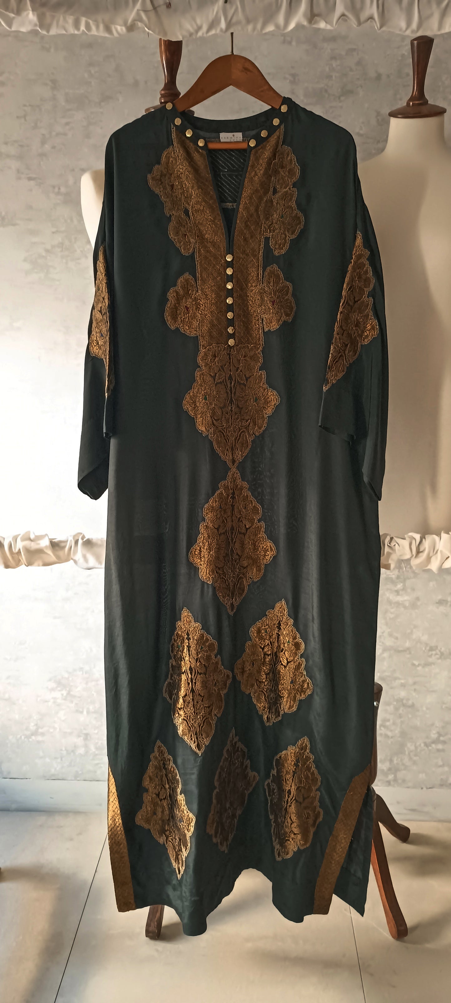 Dholki Edit - Pure Maple Raw Silk Kaftan Kimkhawab Applique - Black