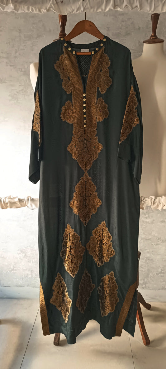 Dholki Edit - Pure Maple Raw Silk Kaftan Kimkhawab Applique - Black