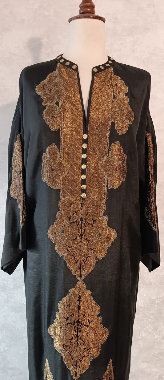 Dholki Edit - Pure Maple Raw Silk Kaftan Kimkhawab Applique - Black