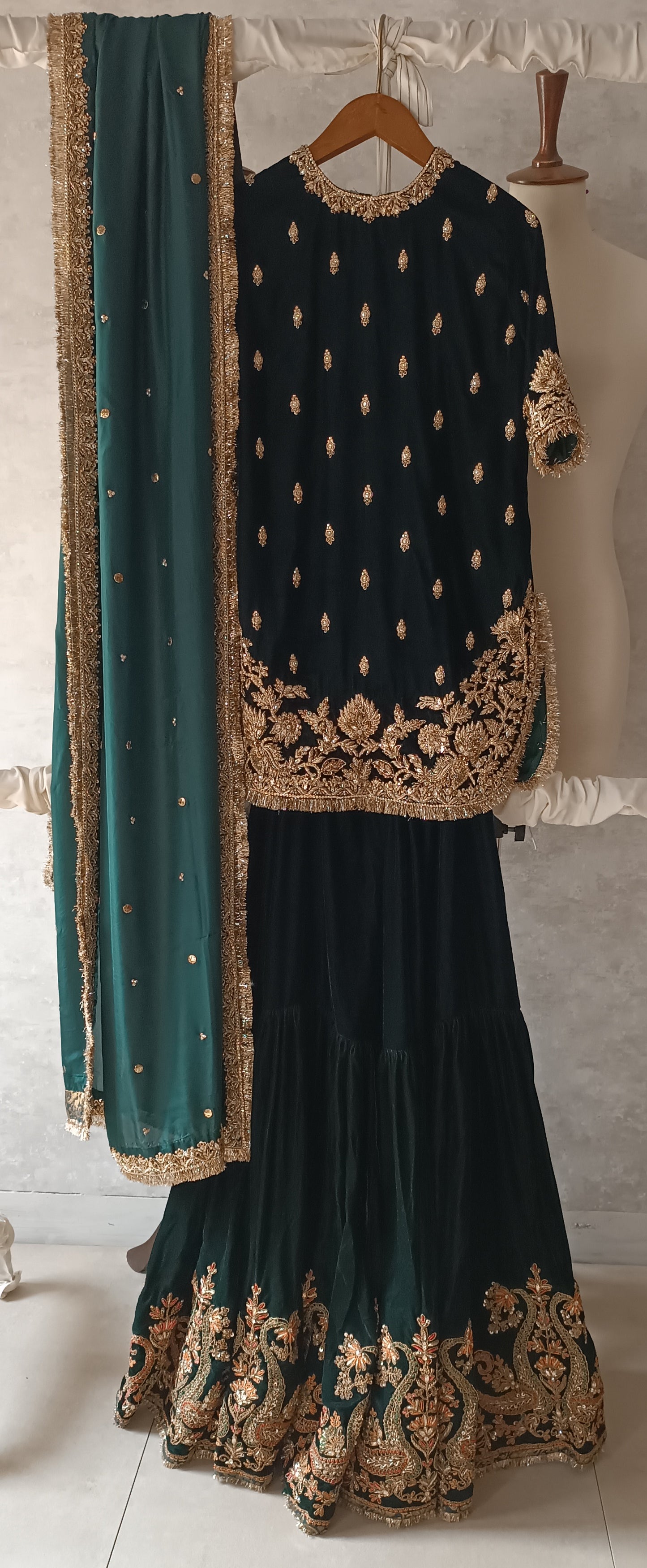 Wedding Edit - Bridal Velvet Gharara set - Deep Bottle Green
