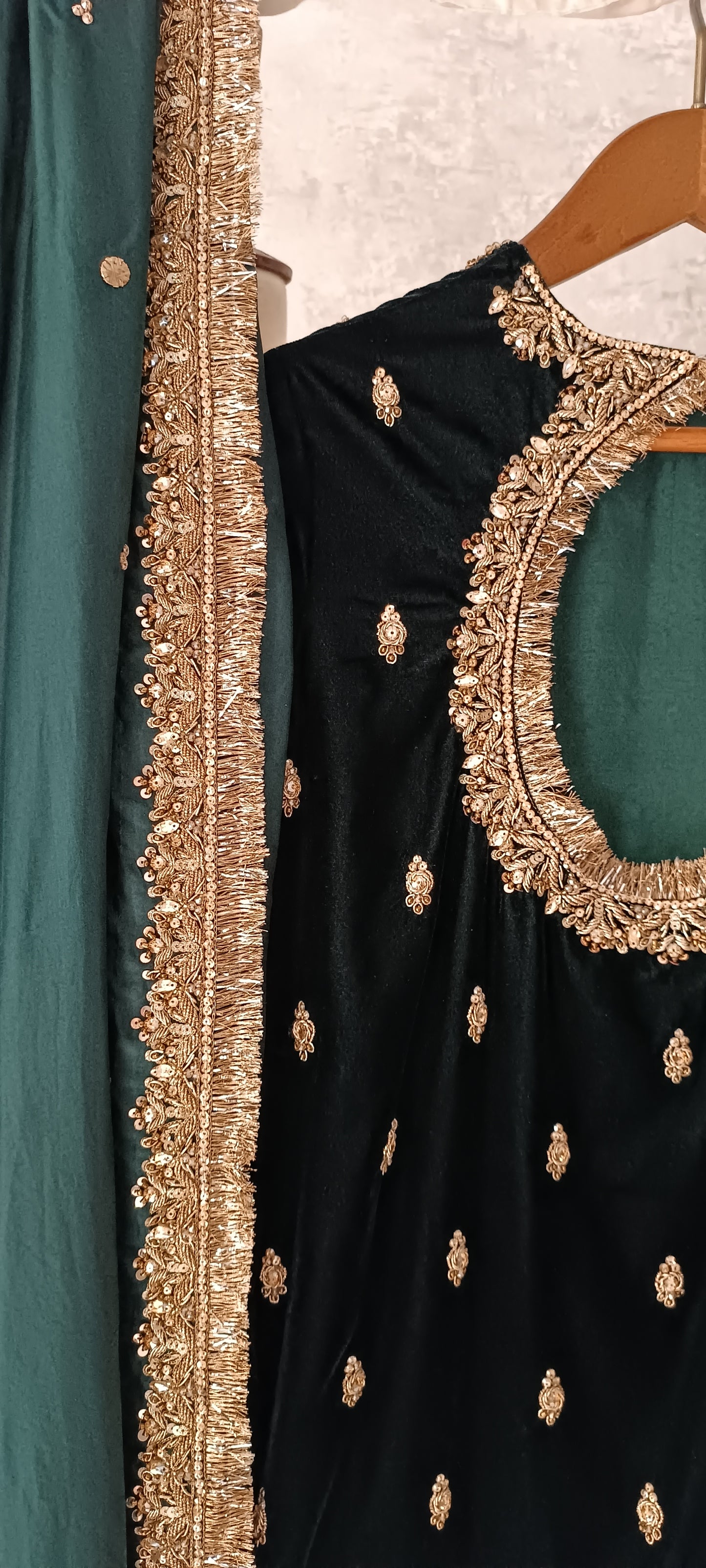 Wedding Edit - Bridal Velvet Gharara set - Deep Bottle Green