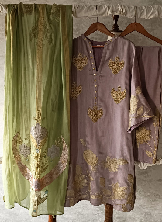 Dholki Edit - Pure Maple Raw Silk - Lavendar & Green Chaand Phool