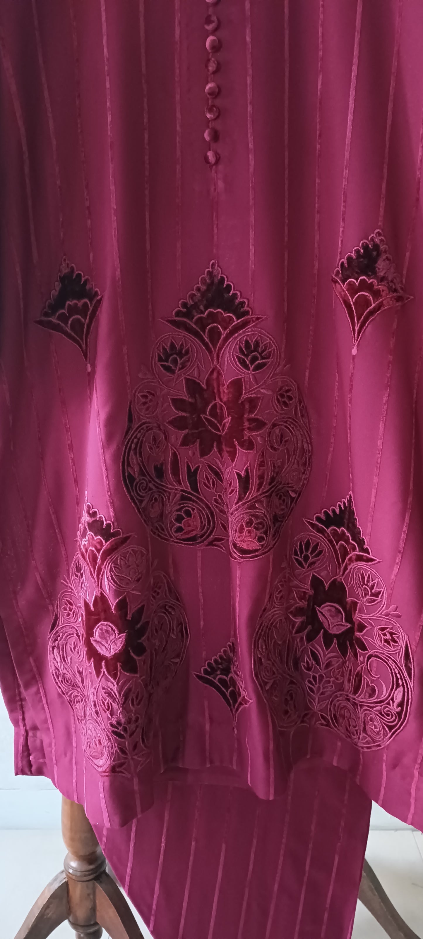 Winter Edit - Velvet Applique - Pure Velvet striped Linen- Deep Fuschia Pink