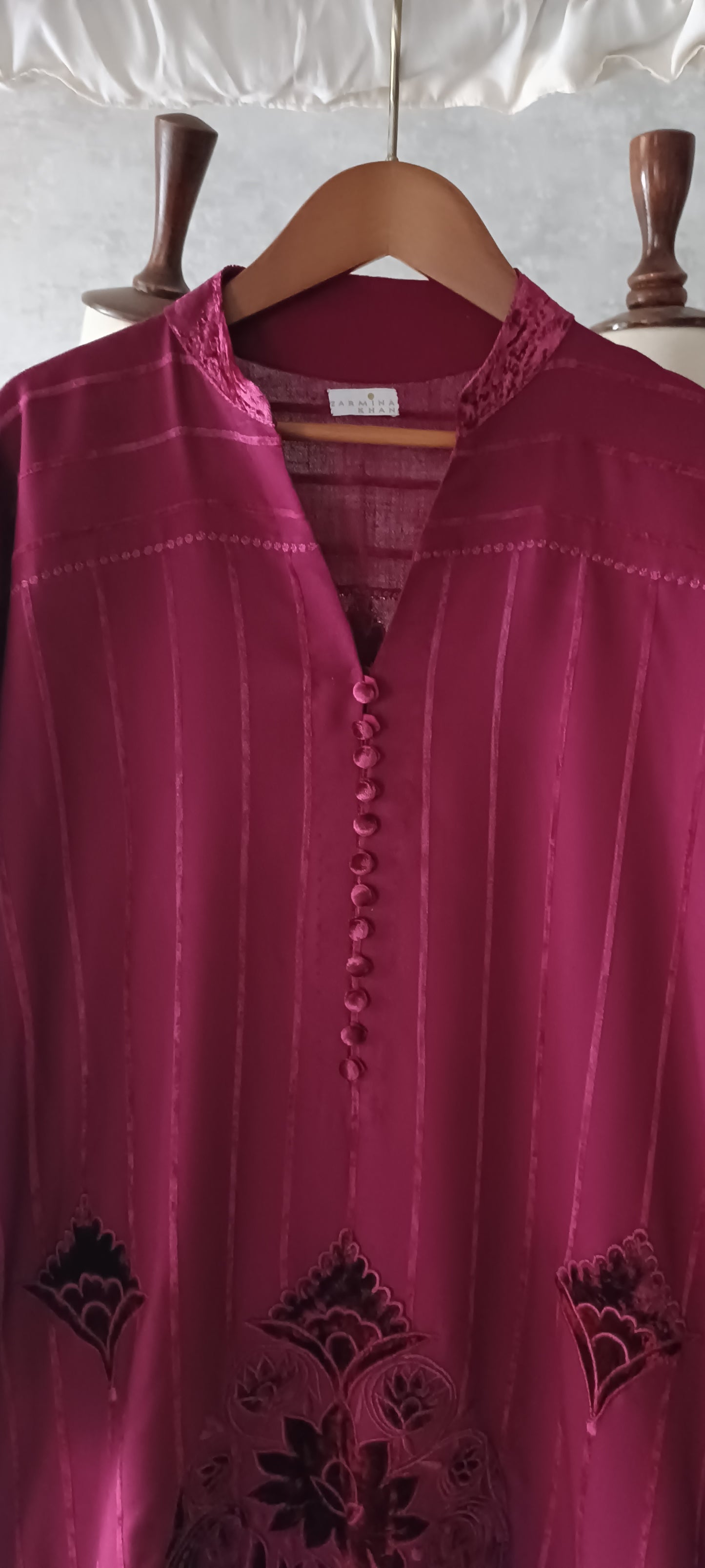 Winter Edit - Velvet Applique - Pure Velvet striped Linen- Deep Fuschia Pink