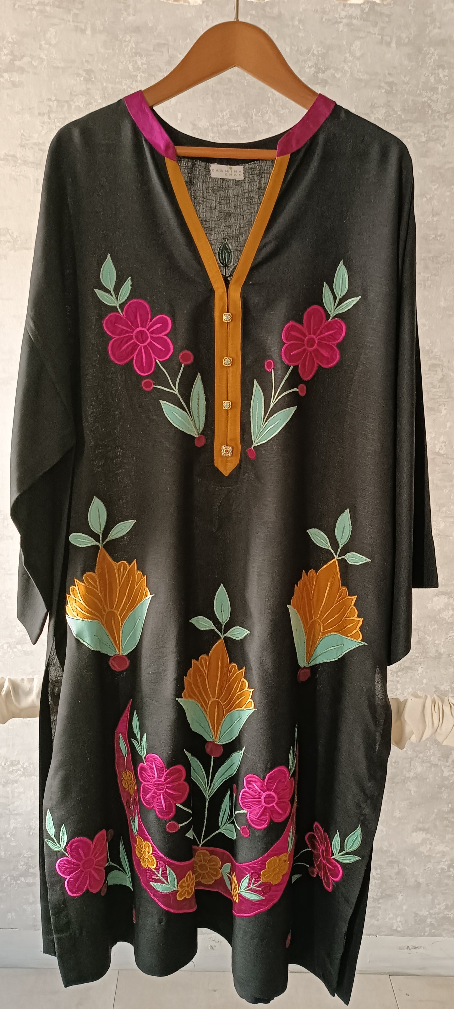Winter Edit - Silk Applique Chaand Phool - Pure Silk Karandi- Black