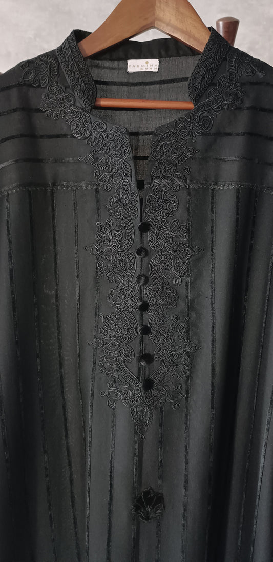 Winter Edit - Velvet Applique & Dori Embroidery - Pure Velvet striped Linen- Black