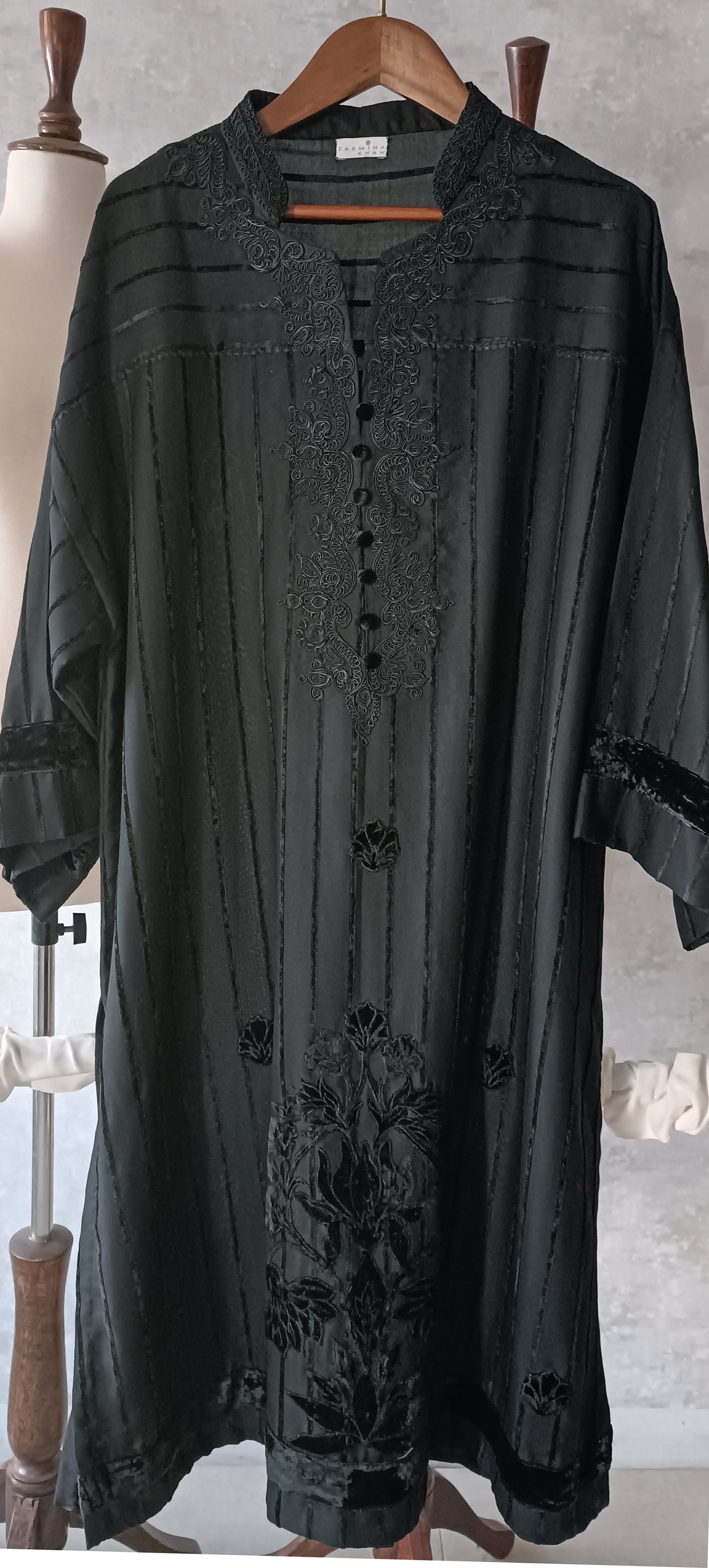 Winter Edit - Velvet Applique & Dori Embroidery - Pure Velvet striped Linen- Black