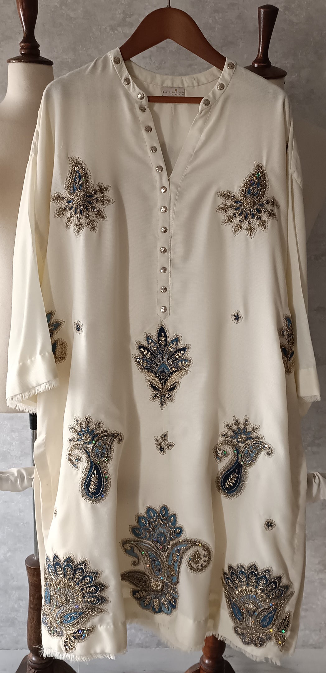 Winter Edit - Light wool blend marina with blue embroidered Applique -  Soft White