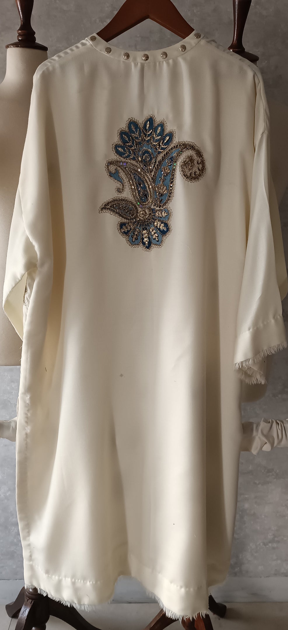 Winter Edit - Light wool blend marina with blue embroidered Applique -  Soft White