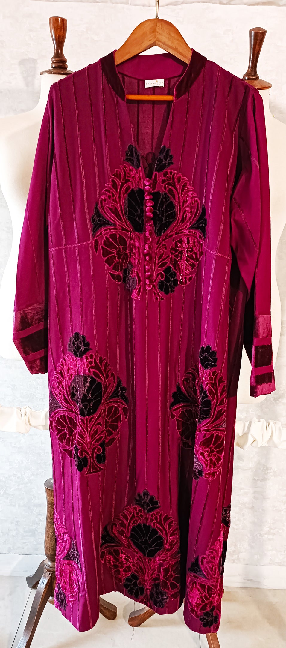 Winter Edit -   Velvet striped linen with Velvet Applique -  Fuschia