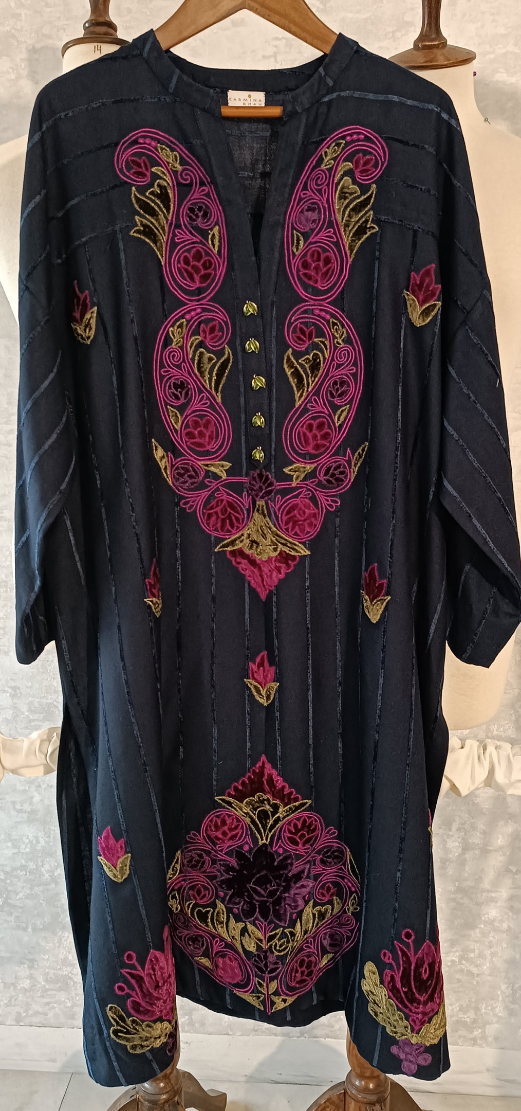 Spring Edit -   Velvet striped linen with Velvet Applique -  Deep Blue