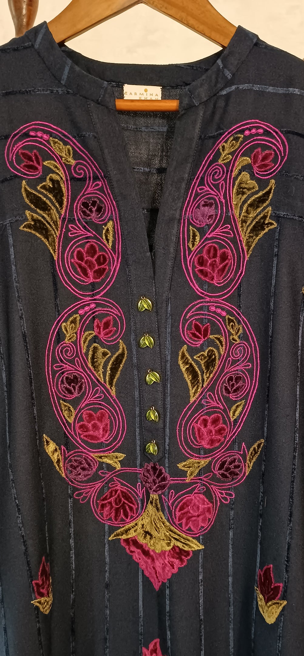 Spring Edit -   Velvet striped linen with Velvet Applique -  Deep Blue