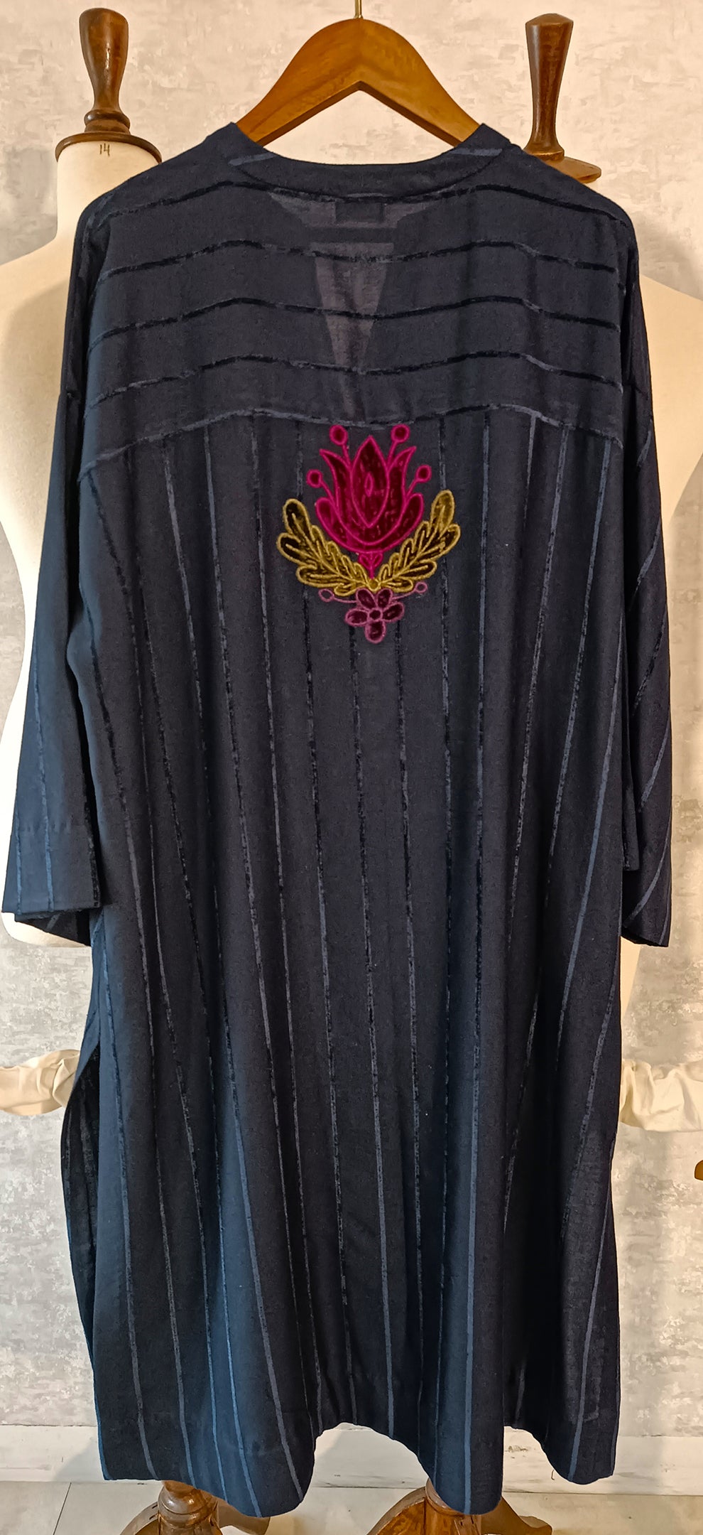 Spring Edit -   Velvet striped linen with Velvet Applique -  Deep Blue