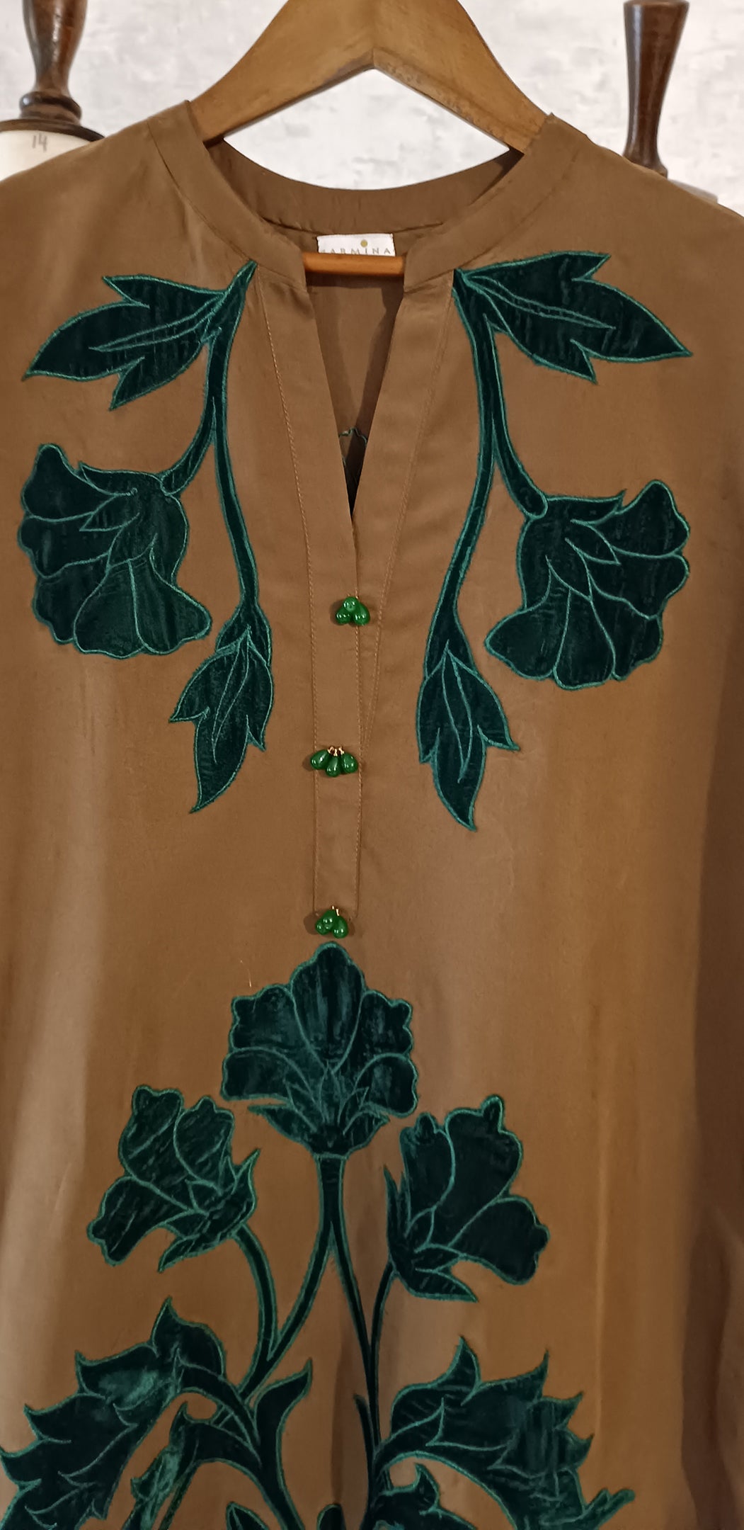Winter Edit -  Soft Suede with Emerald green Velvet Applique -  Tan Brown