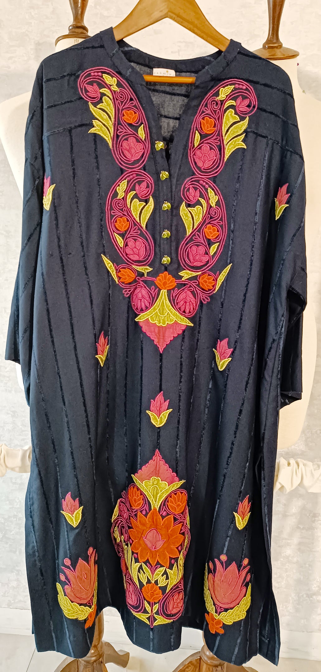 Spring Edit -   Velvet striped linen with Silk Applique -  Deep Blue