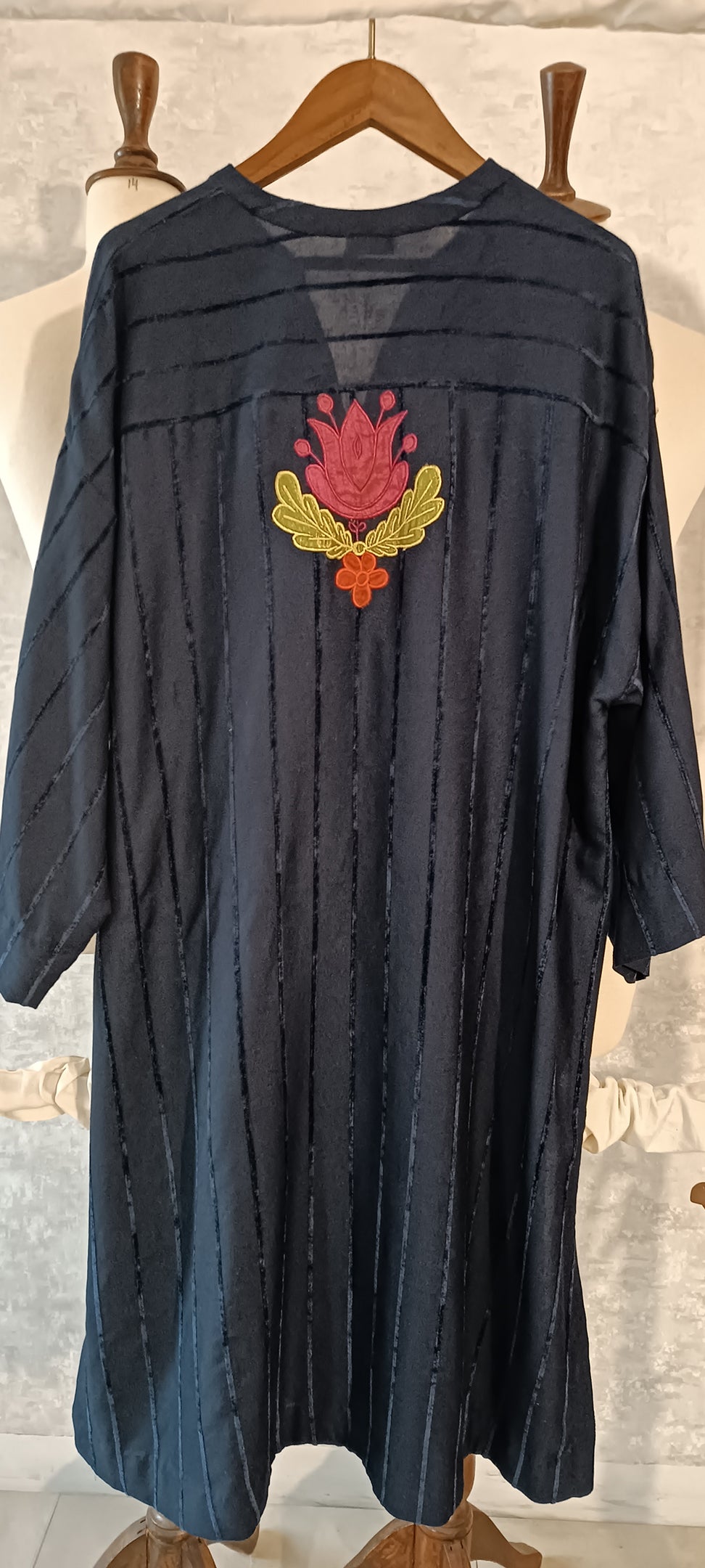 Spring Edit -   Velvet striped linen with Silk Applique -  Deep Blue