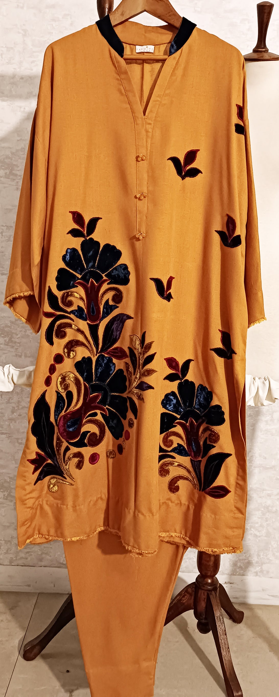 Spring Edit -  Pure Silk Karandi Velvet Appliqué -  Kesari Yellow