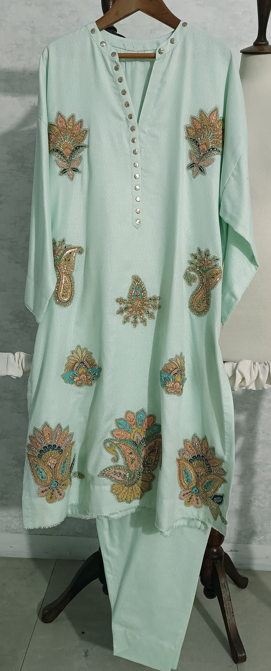 Spring Edit -  Pure Lawn Karandi Velvet Appliqué - Pulse Blue