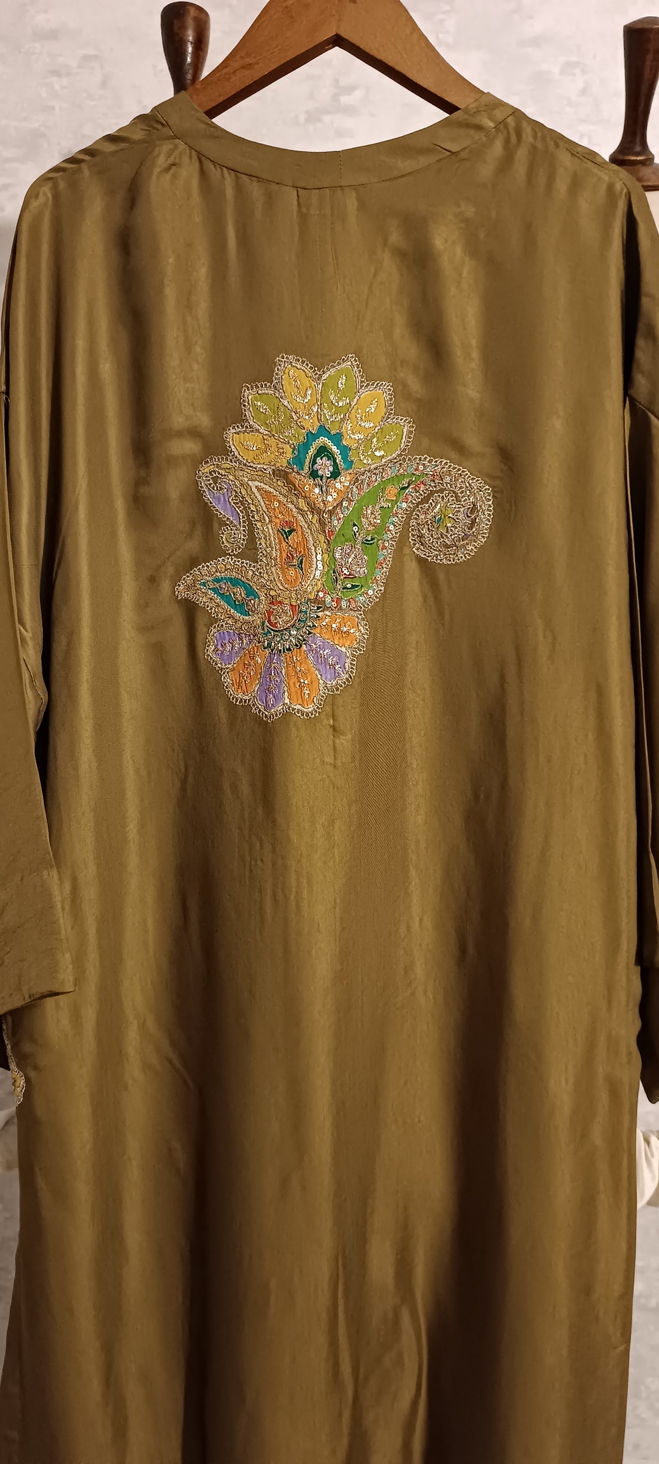 Spring Edit -  Pure Silk with silk embellished Appliqué - Olive Green