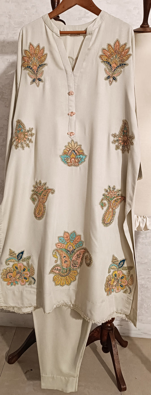 Spring Edit -  Pure Lawn Karandi Velvet Appliqué - Cloud Dancer White