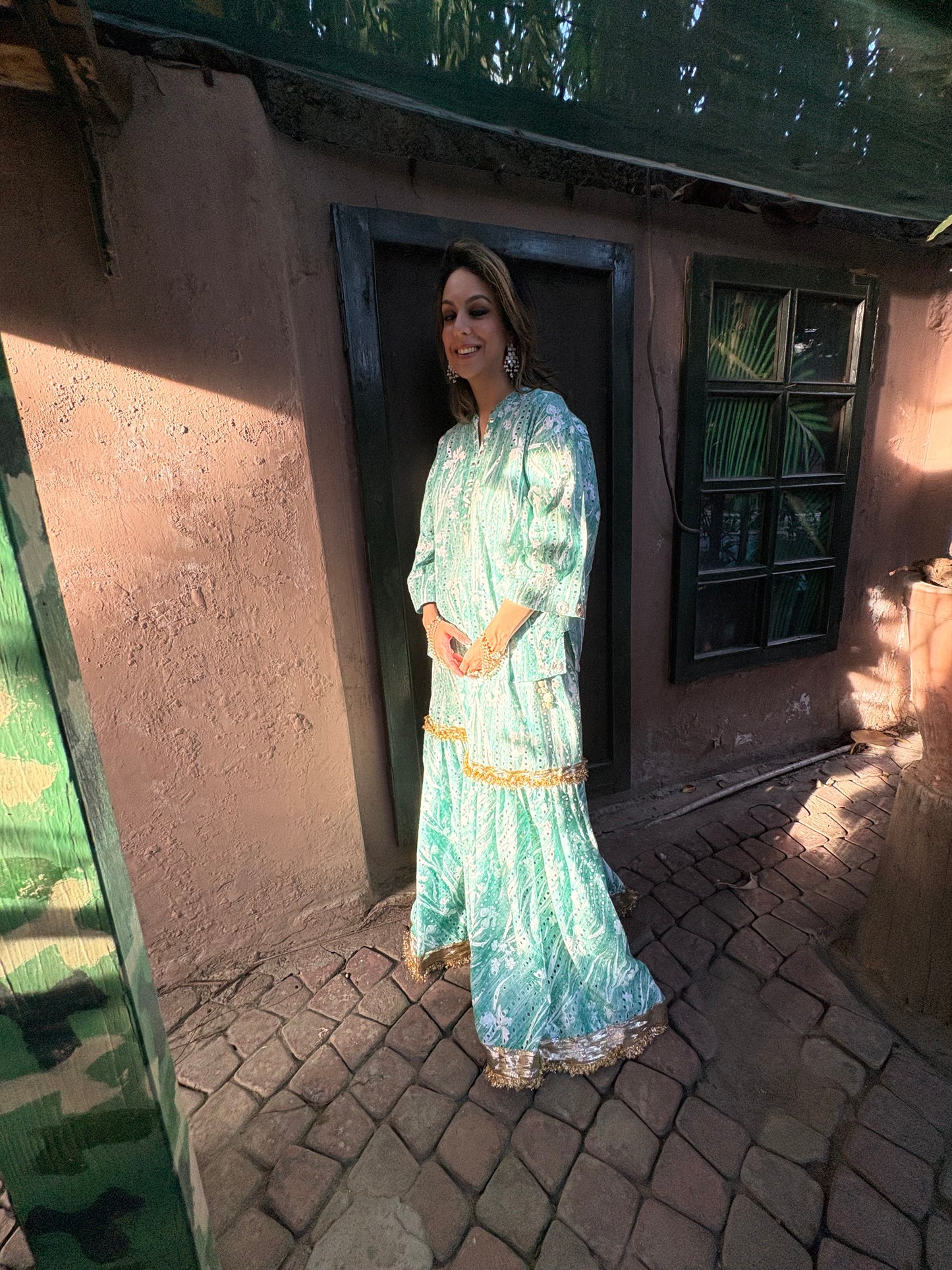 Pure Cotton Chikkan Gharara (Green)
