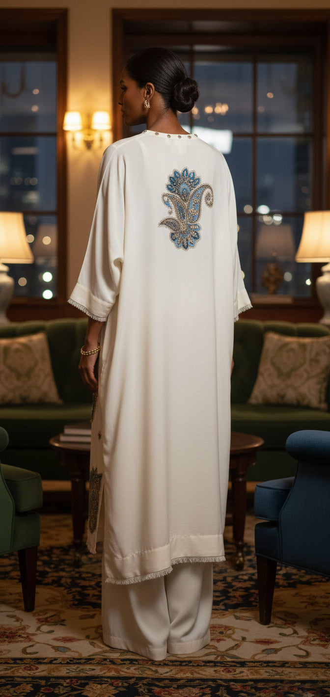 Winter Edit - Light wool blend marina with blue embroidered Applique -  Soft White