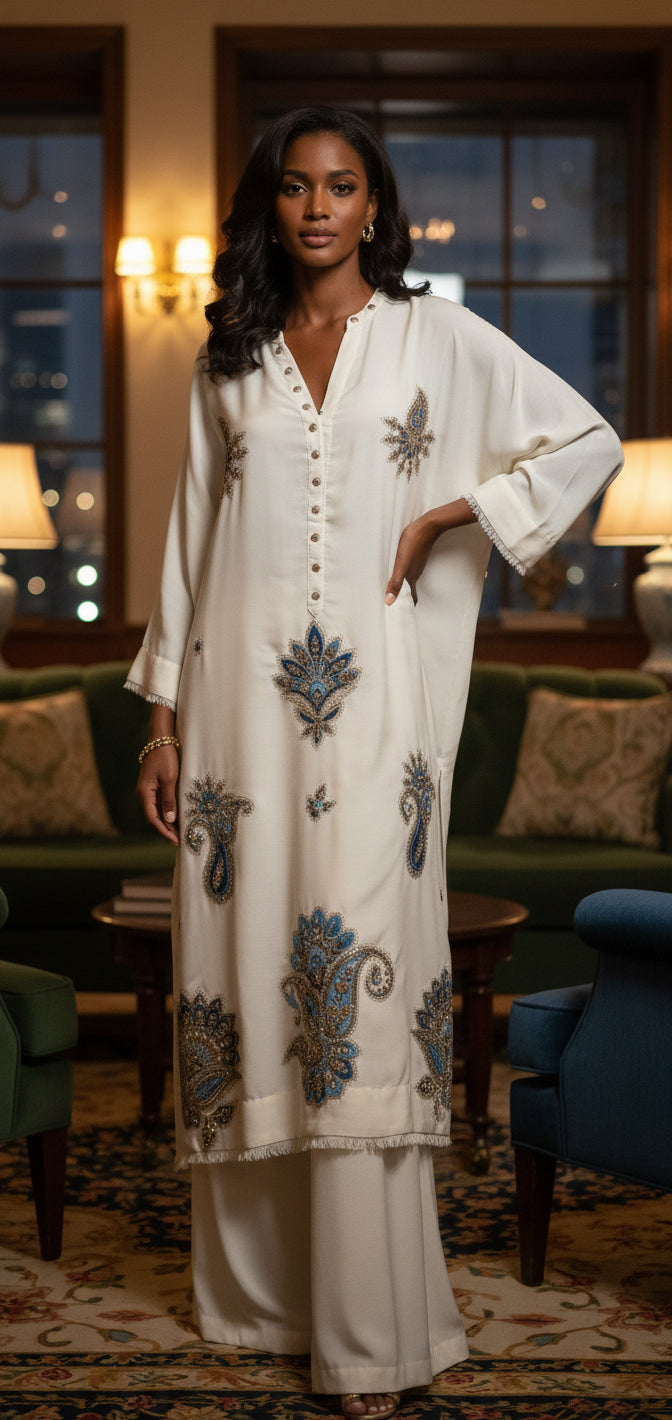 Winter Edit - Light wool blend marina with blue embroidered Applique -  Soft White