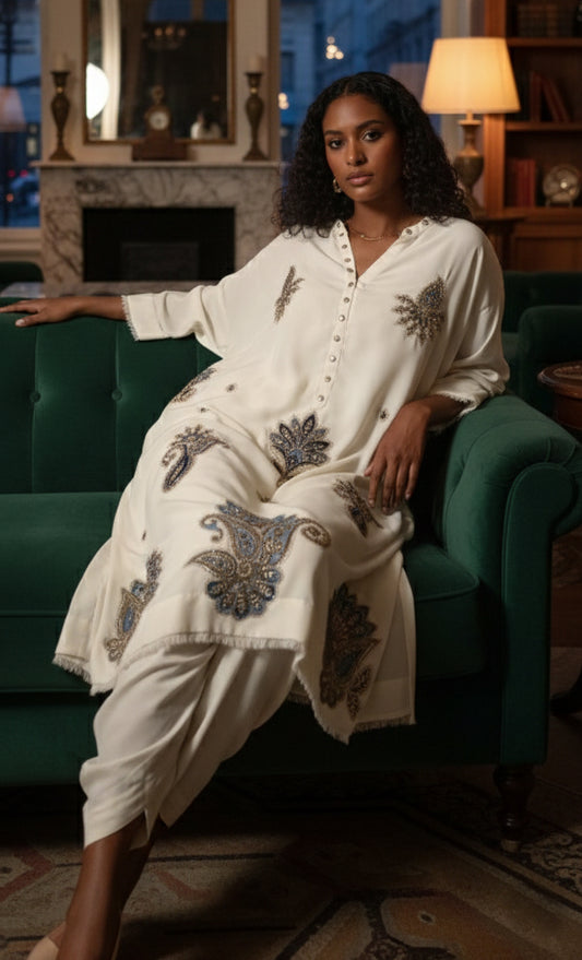 Winter Edit - Light wool blend marina with blue embroidered Applique -  Soft White