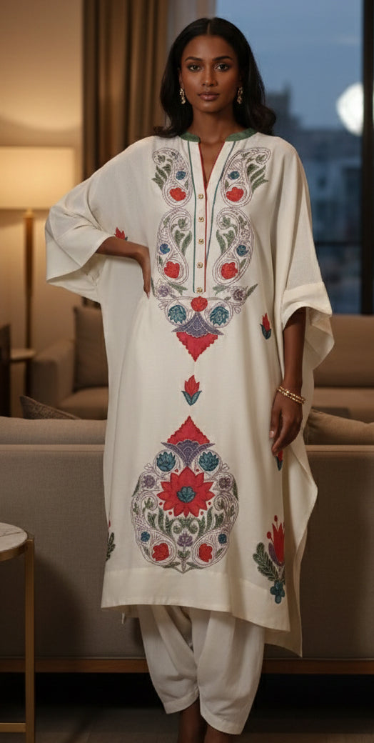 Winter Edit - Light wool blend marina with pure silk  Applique -  Soft White