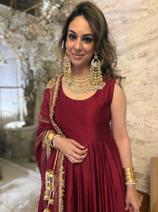 Dholki Edit - Pure Maple Raw Silk Peshwaaz - True Deep Red