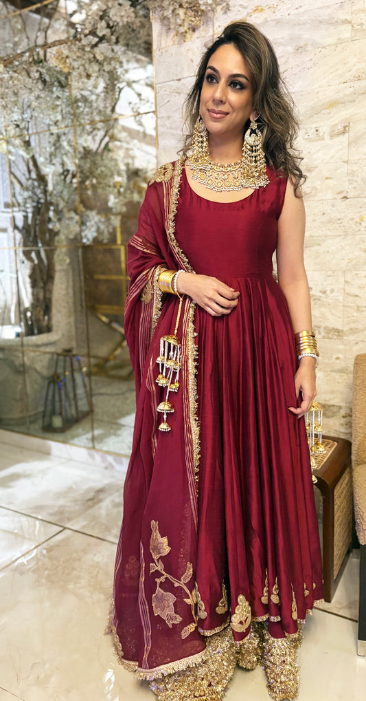 Dholki Edit - Pure Maple Raw Silk Peshwaaz - True Deep Red