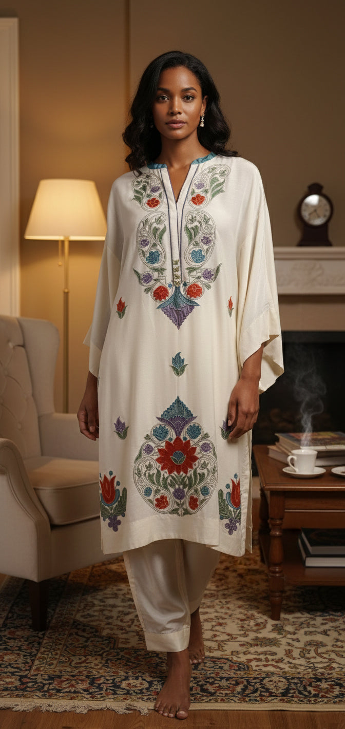 Winter Edit - Light wool blend marina with pure silk  Applique -  Soft White
