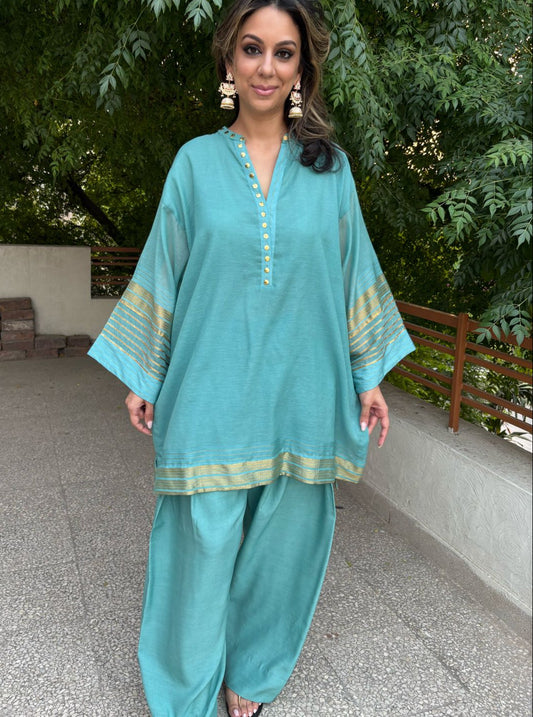 Malmal Kurta  - Muqaish Collection (Aqua Blue)