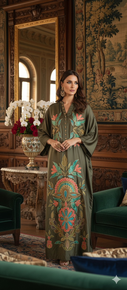 Dholki Edit - Satin Silk Kaftan Floral Royale - Moss Green