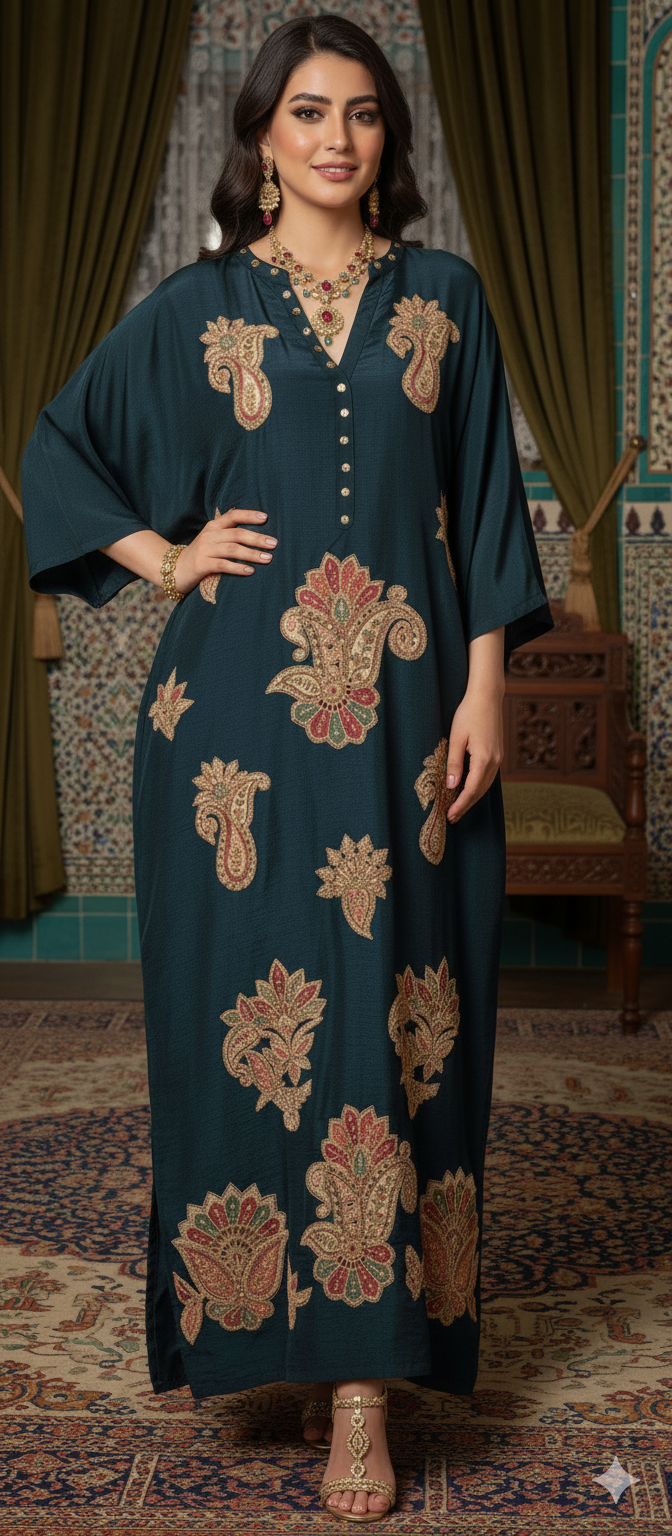 Dholki Edit - Slub Silk Kaftan Floral Royale -