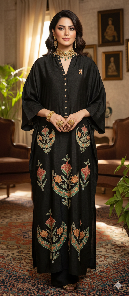 Dholki Edit - Slub Silk Kaftan Chaandi Phool - Black