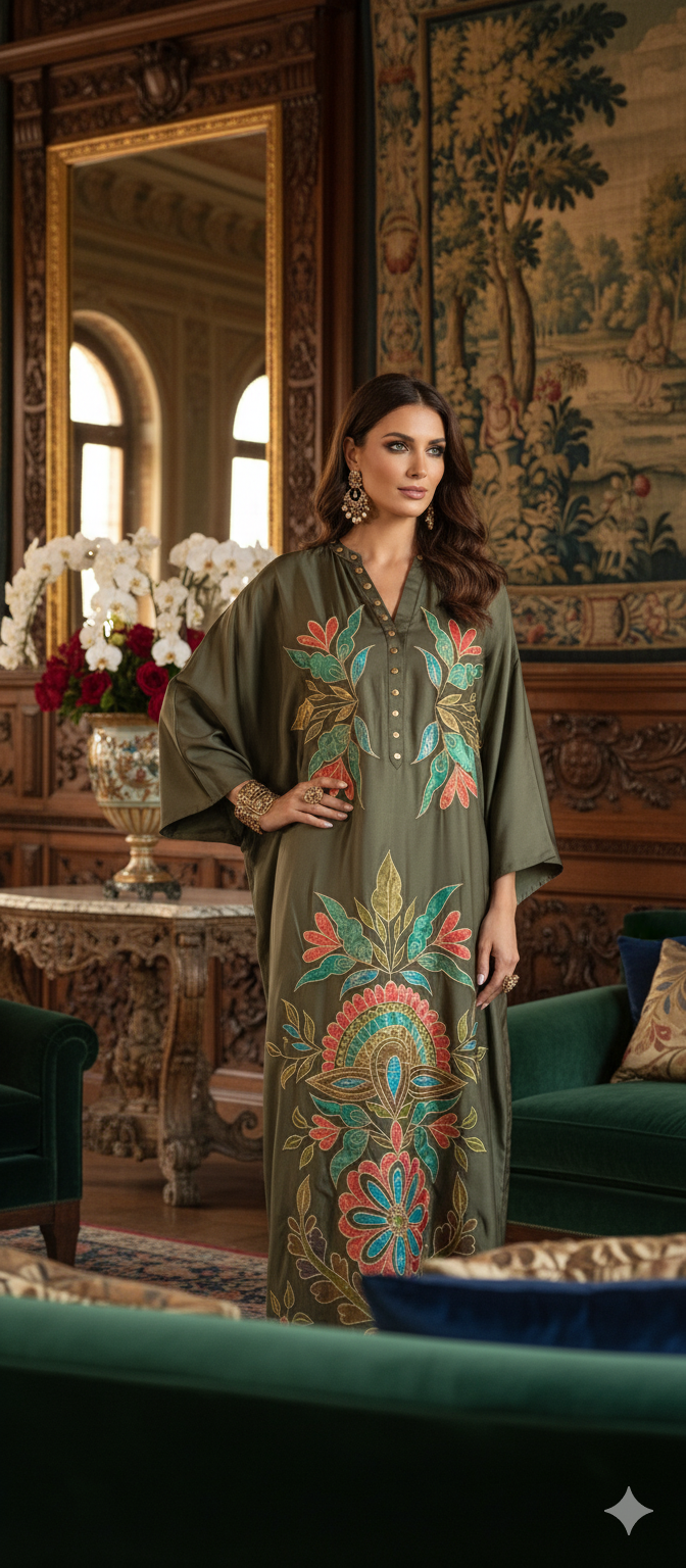 Dholki Edit - Satin Silk Kaftan Floral Royale - Moss Green