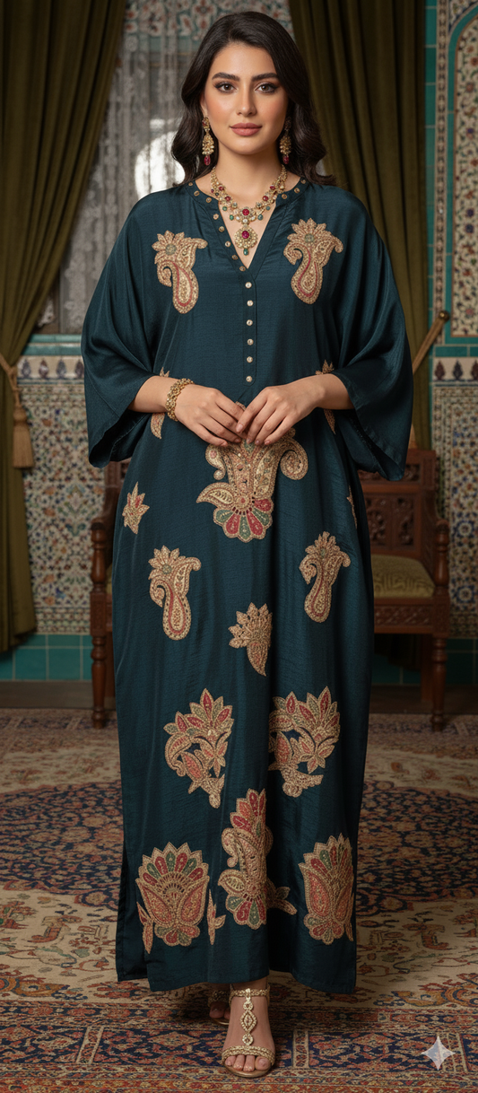 Dholki Edit - Slub Silk Kaftan Floral Royale -