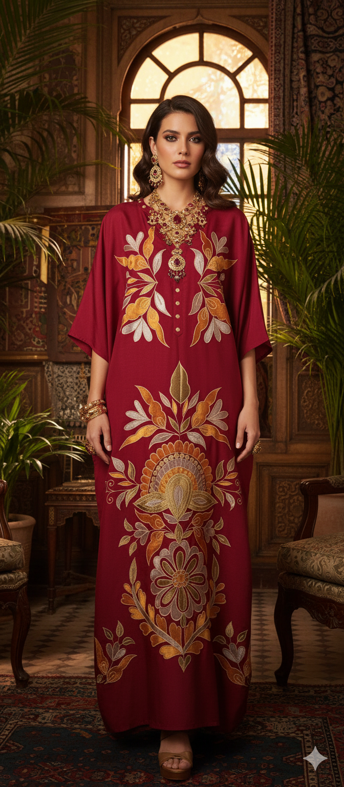 Dholki Edit - Slub Silk Kaftan Floral Royale - Fushcia