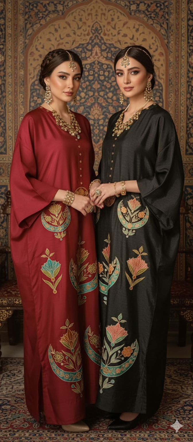 Dholki Edit - Slub Silk Kaftan Chaandi Phool - Black