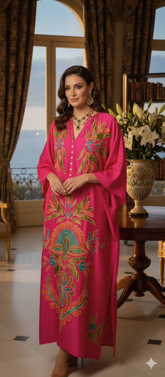 Dholki Edit - Satin Silk Kaftan Floral Royale - Hot Pink