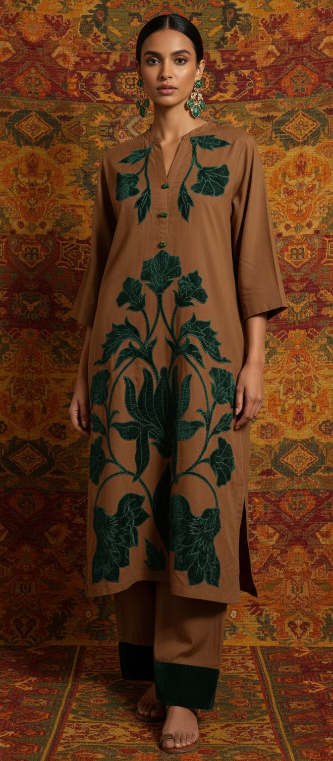 Winter Edit -  Soft Suede with Emerald green Velvet Applique -  Tan Brown