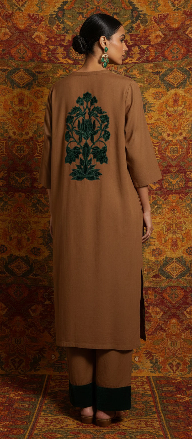 Winter Edit -  Soft Suede with Emerald green Velvet Applique -  Tan Brown